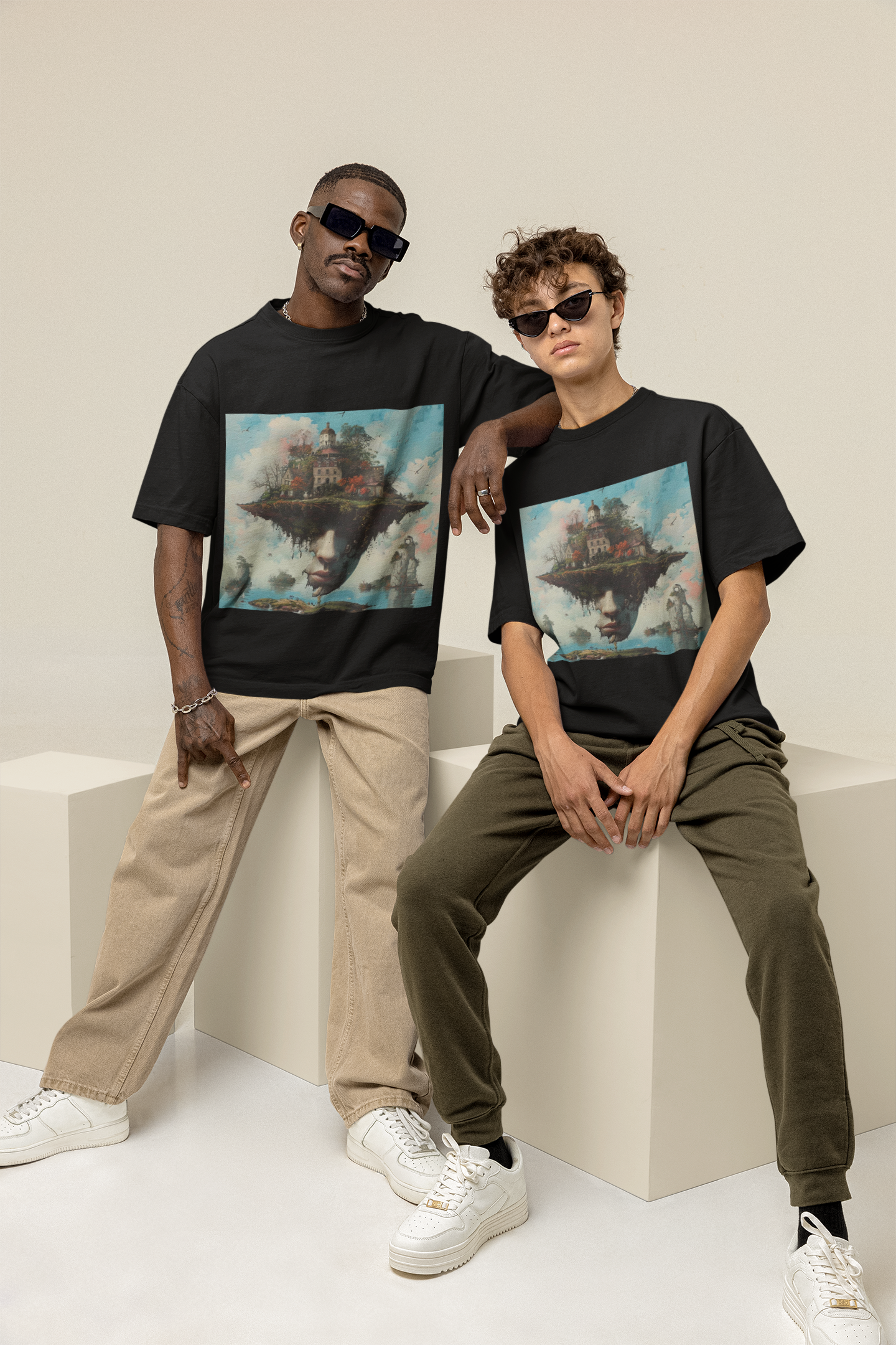 GOODLUCK Oversized T-Shirt – Skyline Dreams (White & Black Edition)