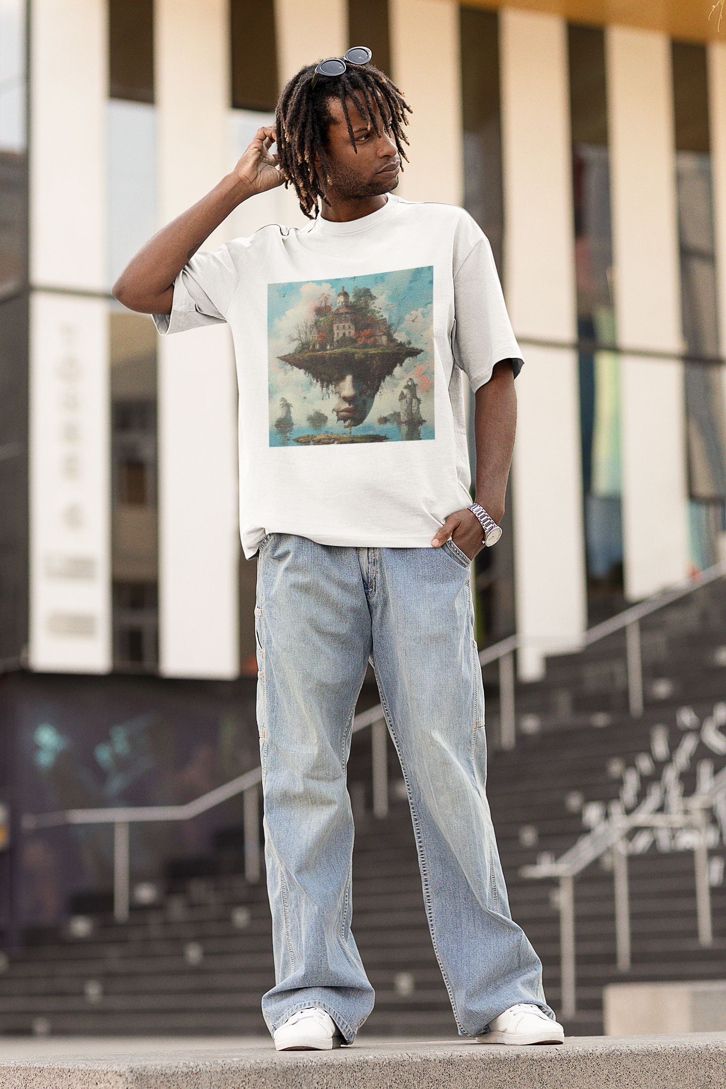GOODLUCK Oversized T-Shirt – Skyline Dreams (White & Black Edition)