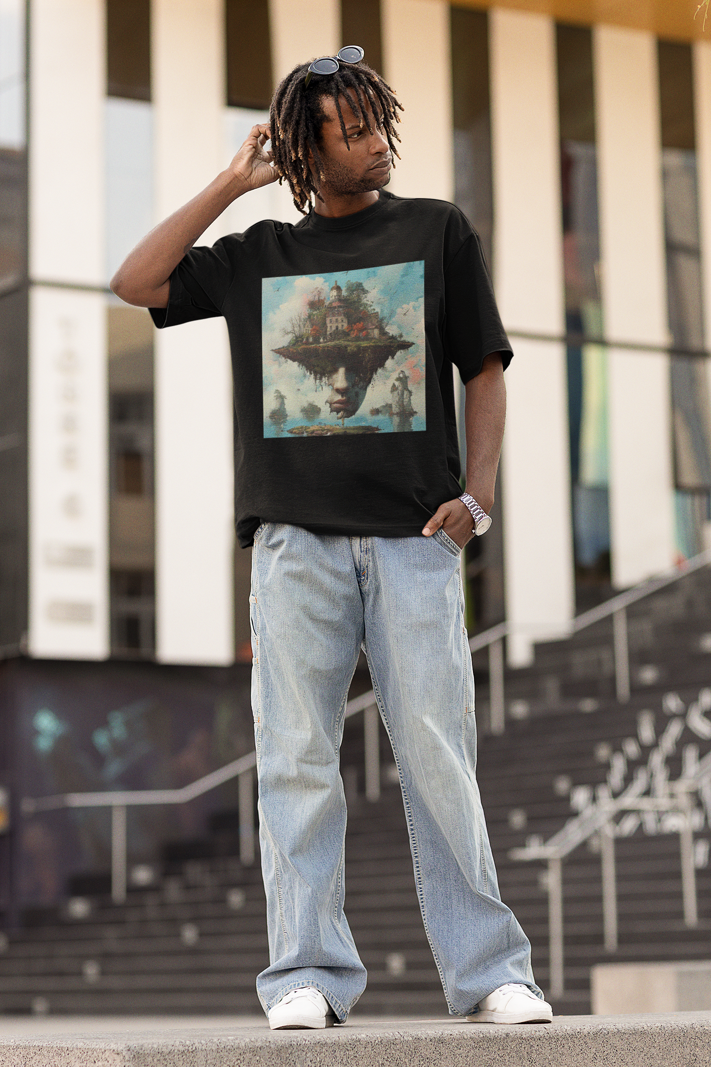 GOODLUCK Oversized T-Shirt – Skyline Dreams (White & Black Edition)