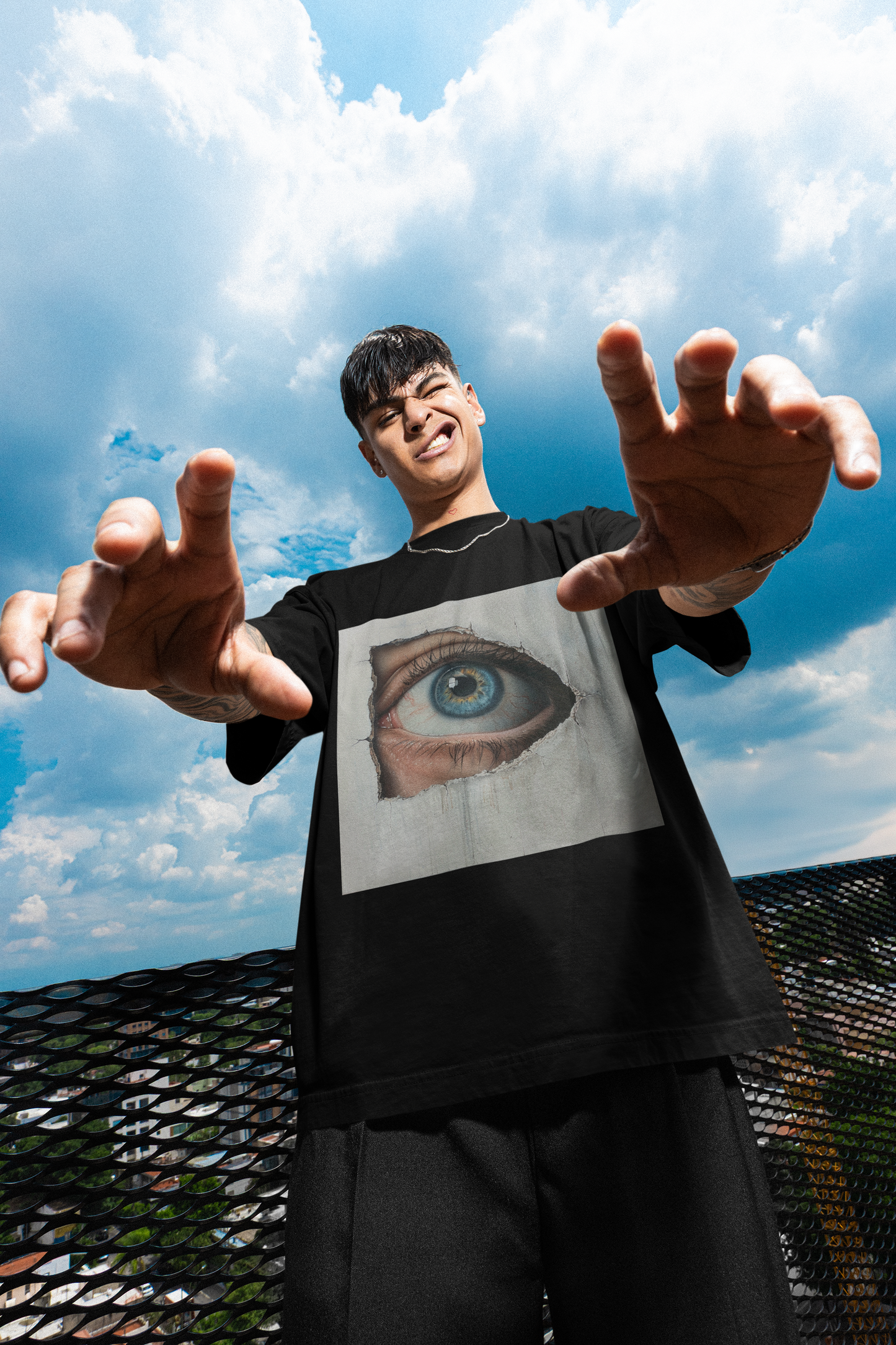 GOODLUCK Oversized T-Shirt โ The Eye Never Sleeps (White & Black Edition)