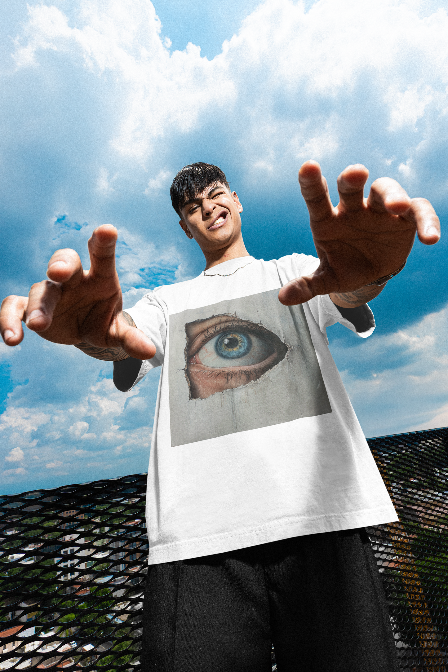 GOODLUCK Oversized T-Shirt โ The Eye Never Sleeps (White & Black Edition)