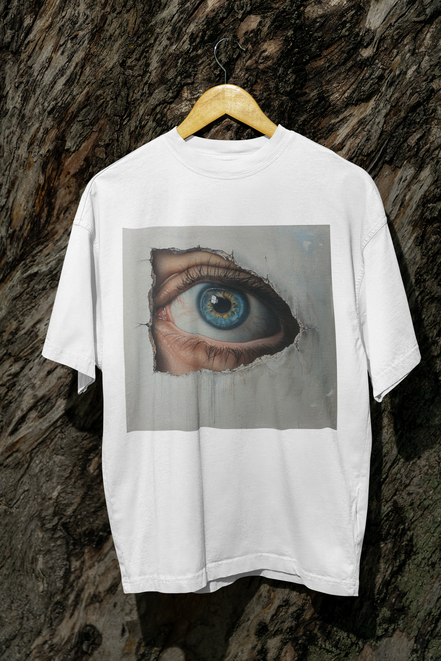 GOODLUCK Oversized T-Shirt โ The Eye Never Sleeps (White & Black Edition)
