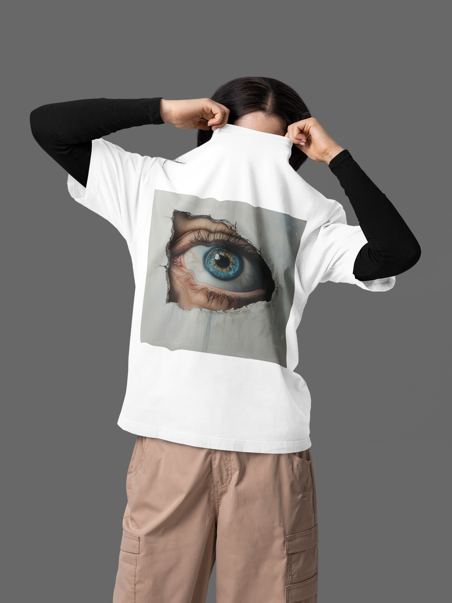 GOODLUCK Oversized T-Shirt โ The Eye Never Sleeps (White & Black Edition)