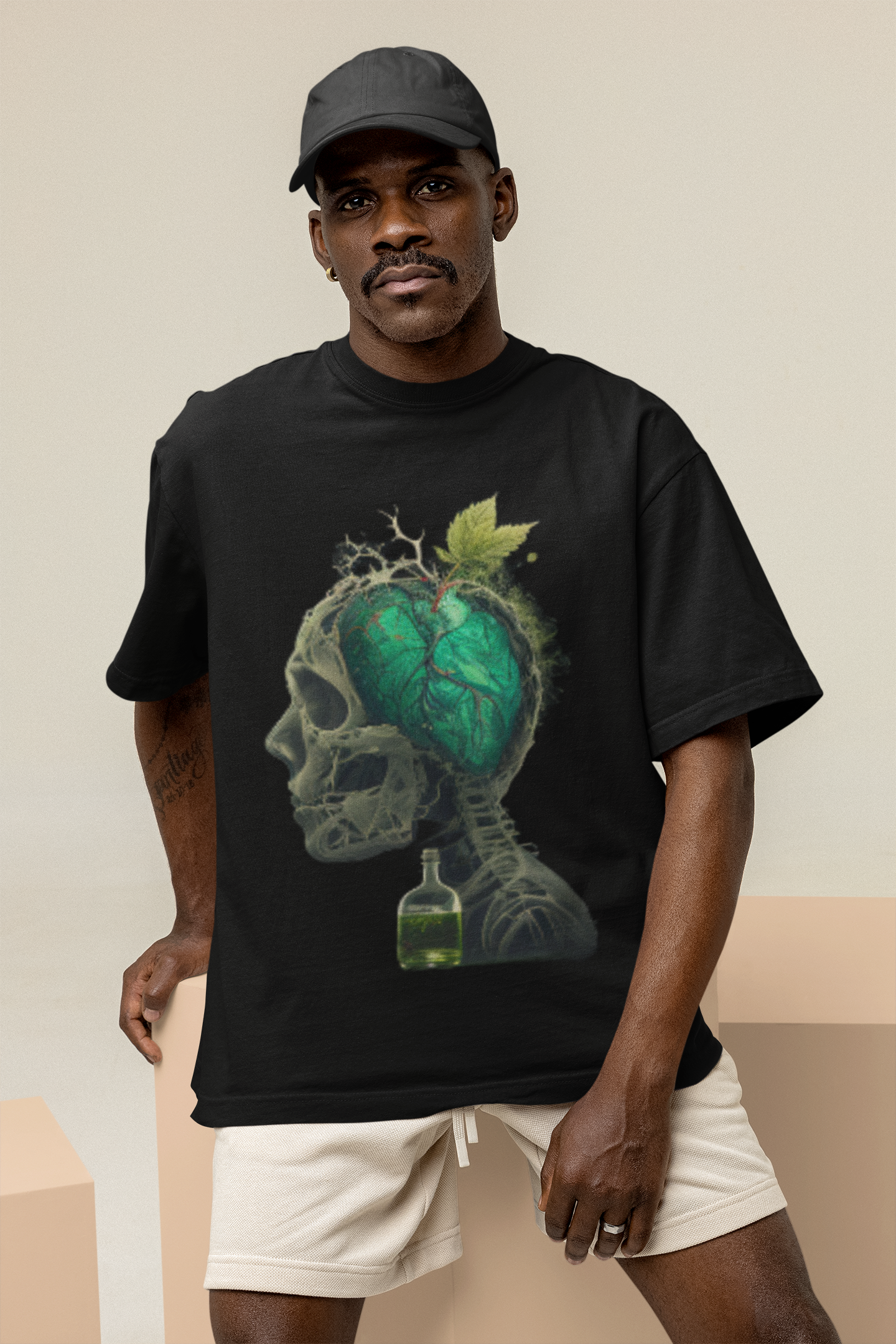 GOODLUCK Oversized Tee – Green Heart Skull (Black & White Editions)