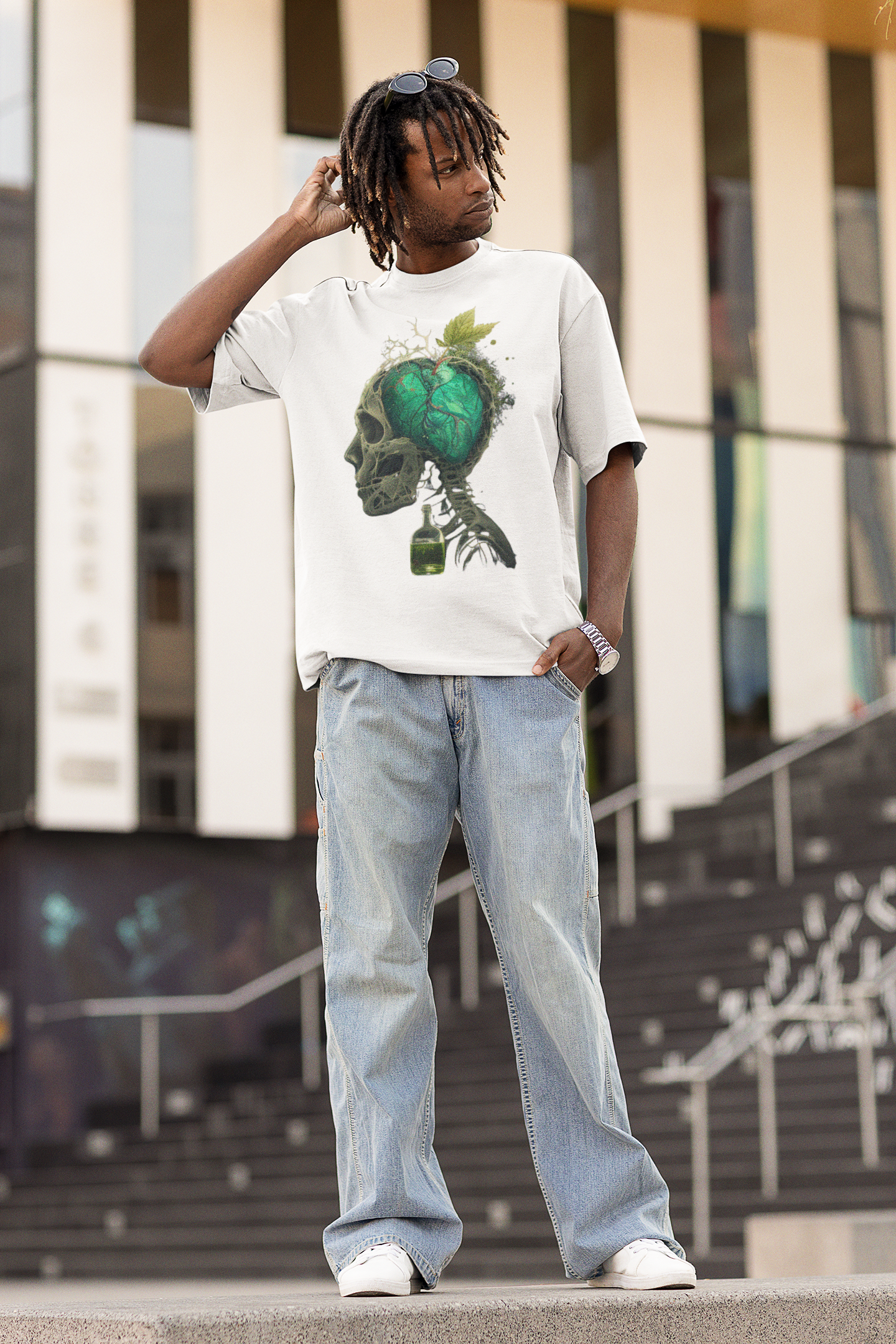 GOODLUCK Oversized Tee – Green Heart Skull (Black & White Editions)