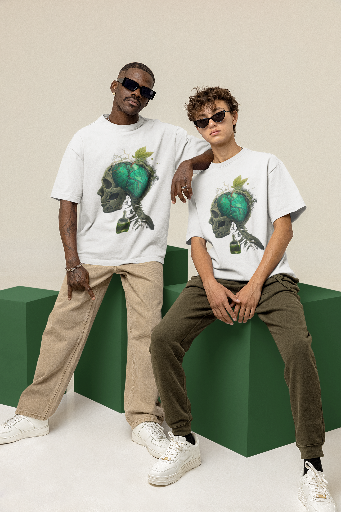 GOODLUCK Oversized Tee – Green Heart Skull (Black & White Editions)
