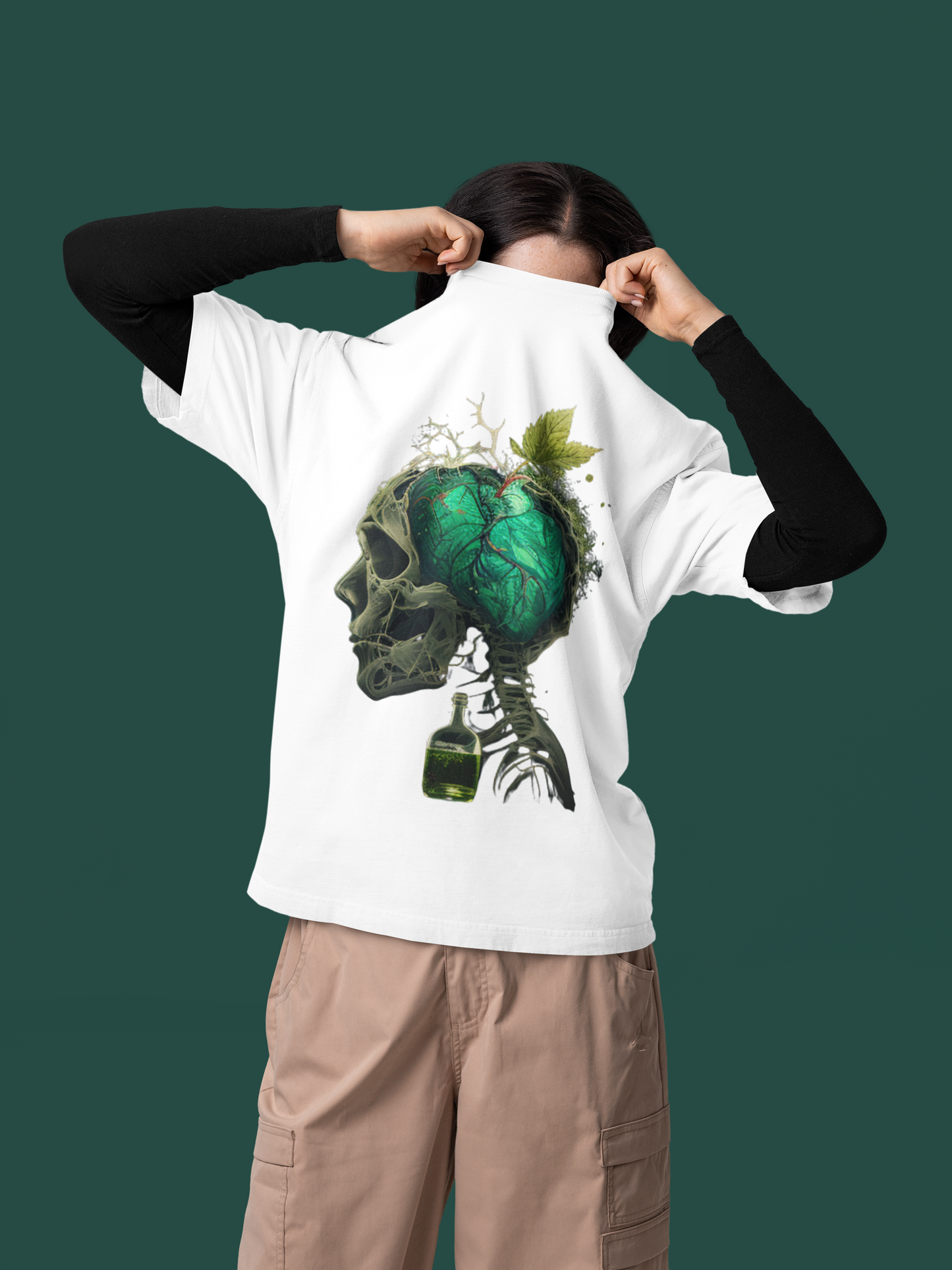 GOODLUCK Oversized Tee – Green Heart Skull (Black & White Editions)