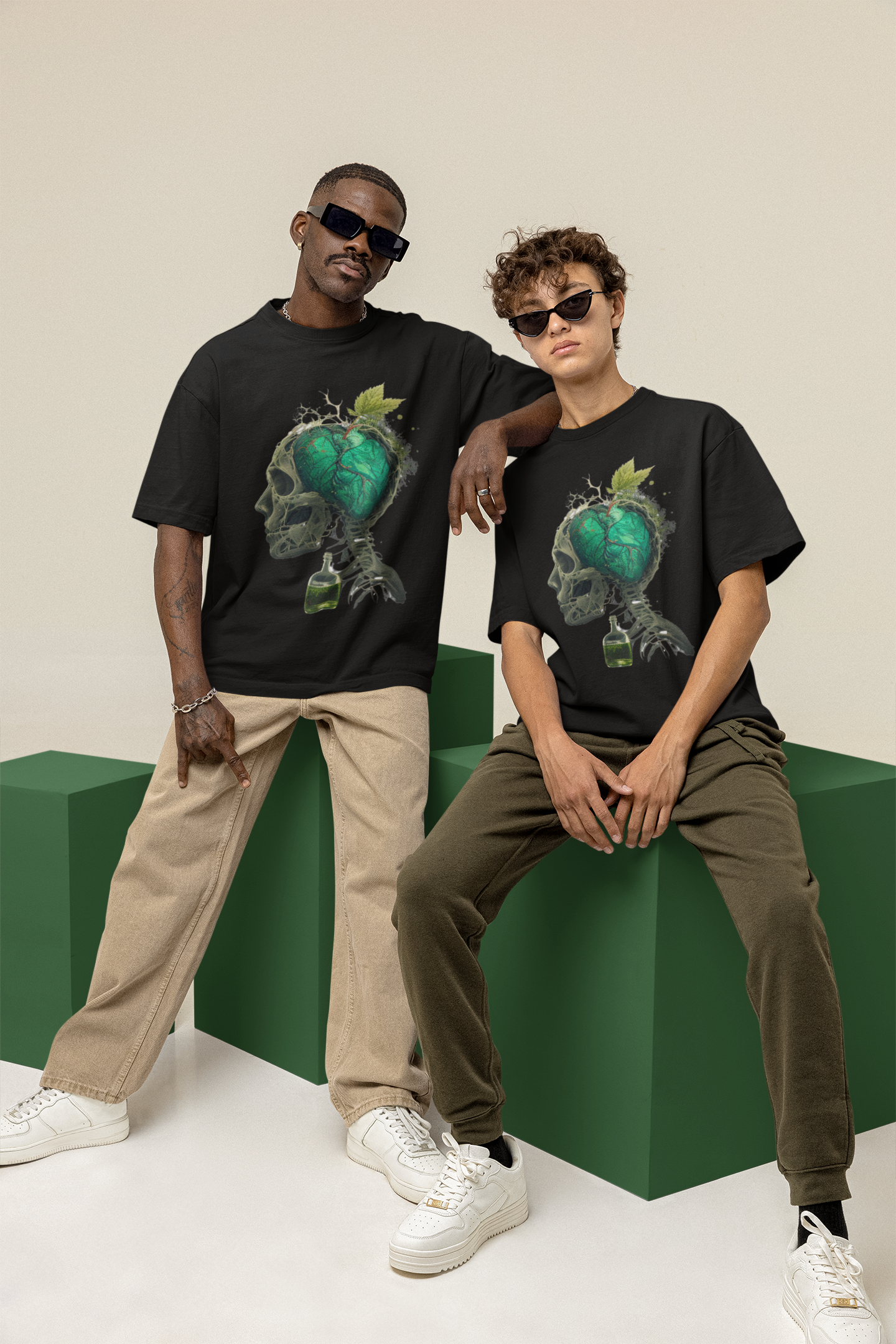 GOODLUCK Oversized Tee – Green Heart Skull (Black & White Editions)