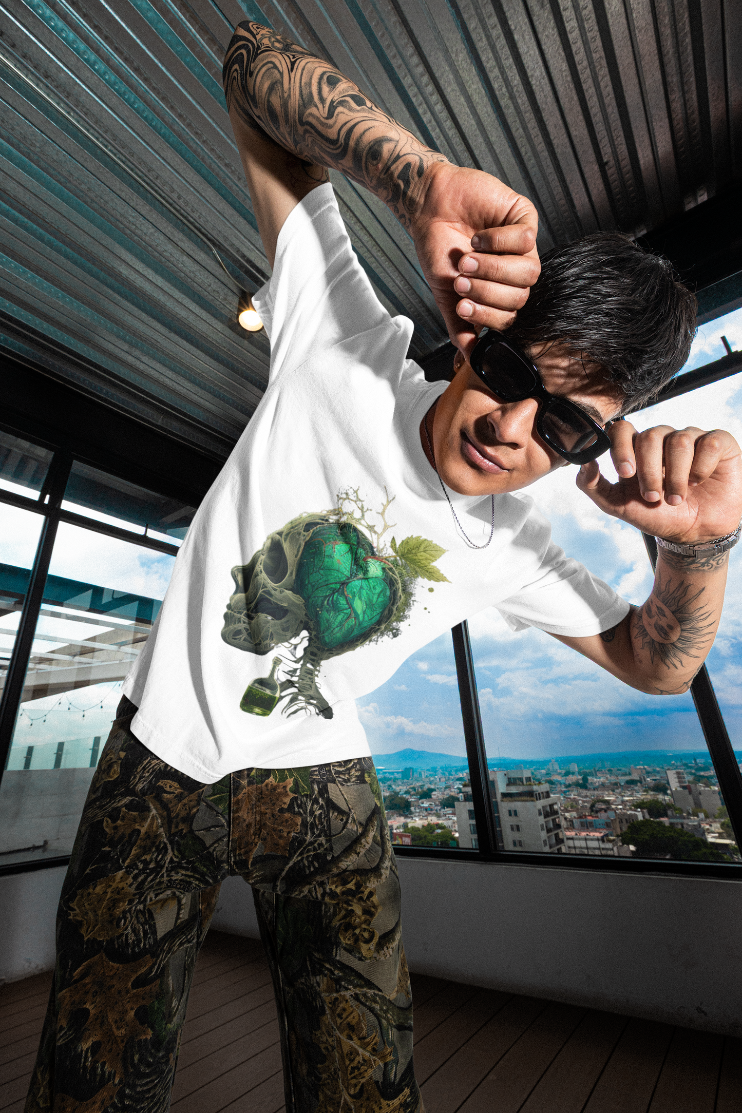 GOODLUCK Oversized Tee – Green Heart Skull (Black & White Editions)