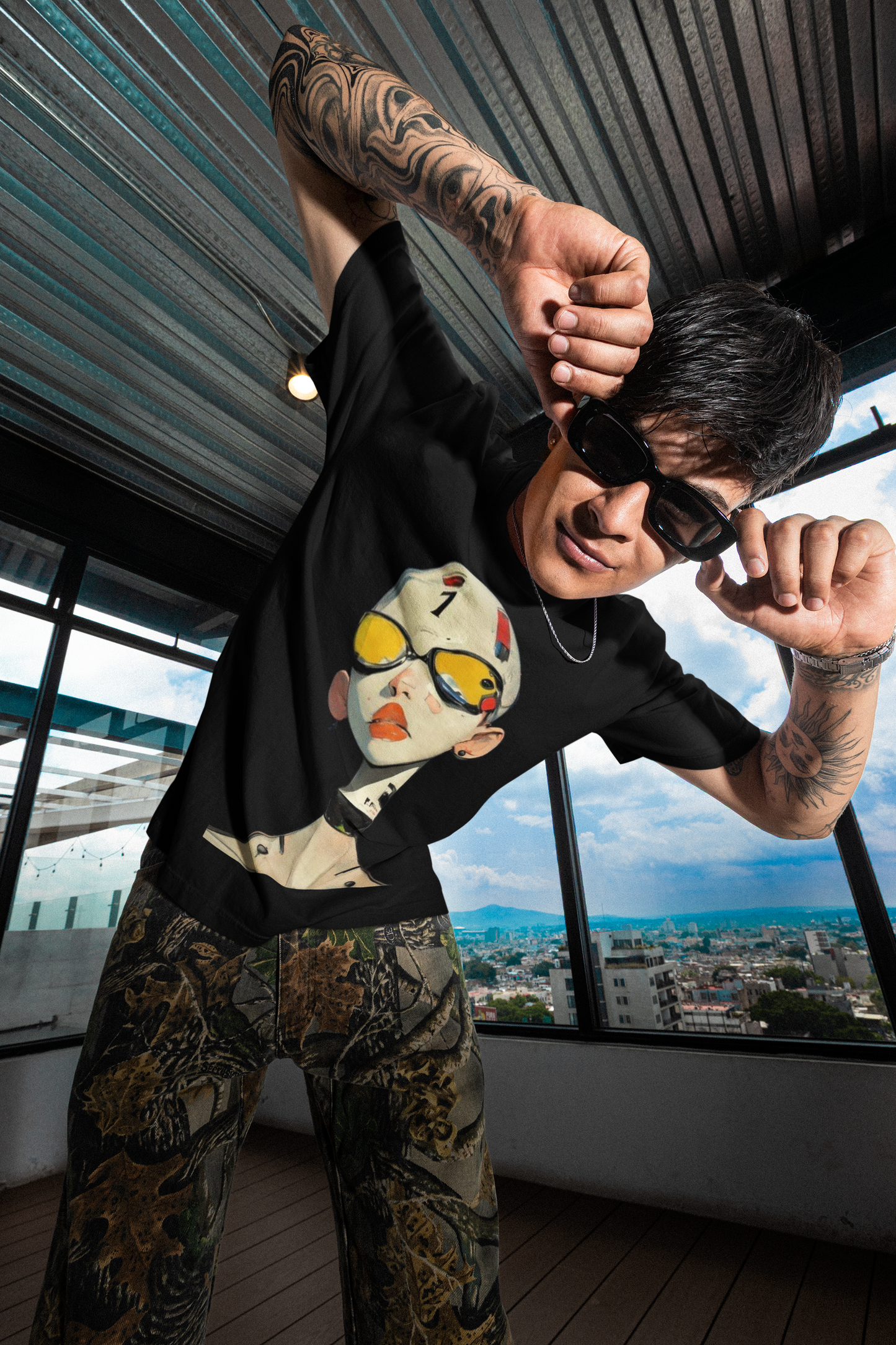 GOODLUCK Oversized Tee – Cyber Face (Black Edition)