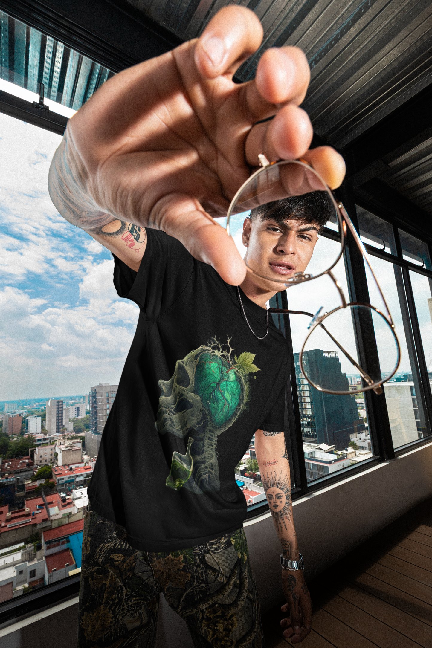 GOODLUCK Oversized Tee – Green Heart Skull (Black & White Editions)