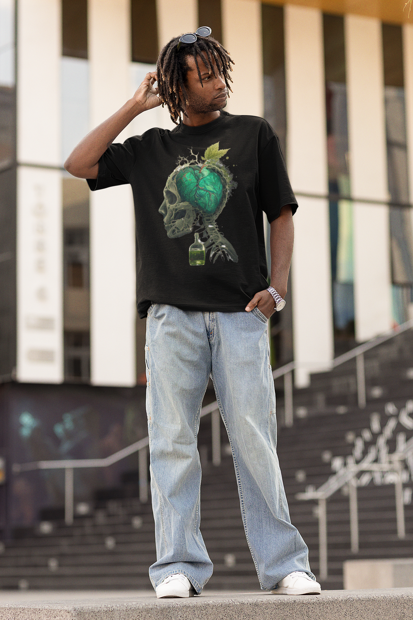 GOODLUCK Oversized Tee – Green Heart Skull (Black & White Editions)