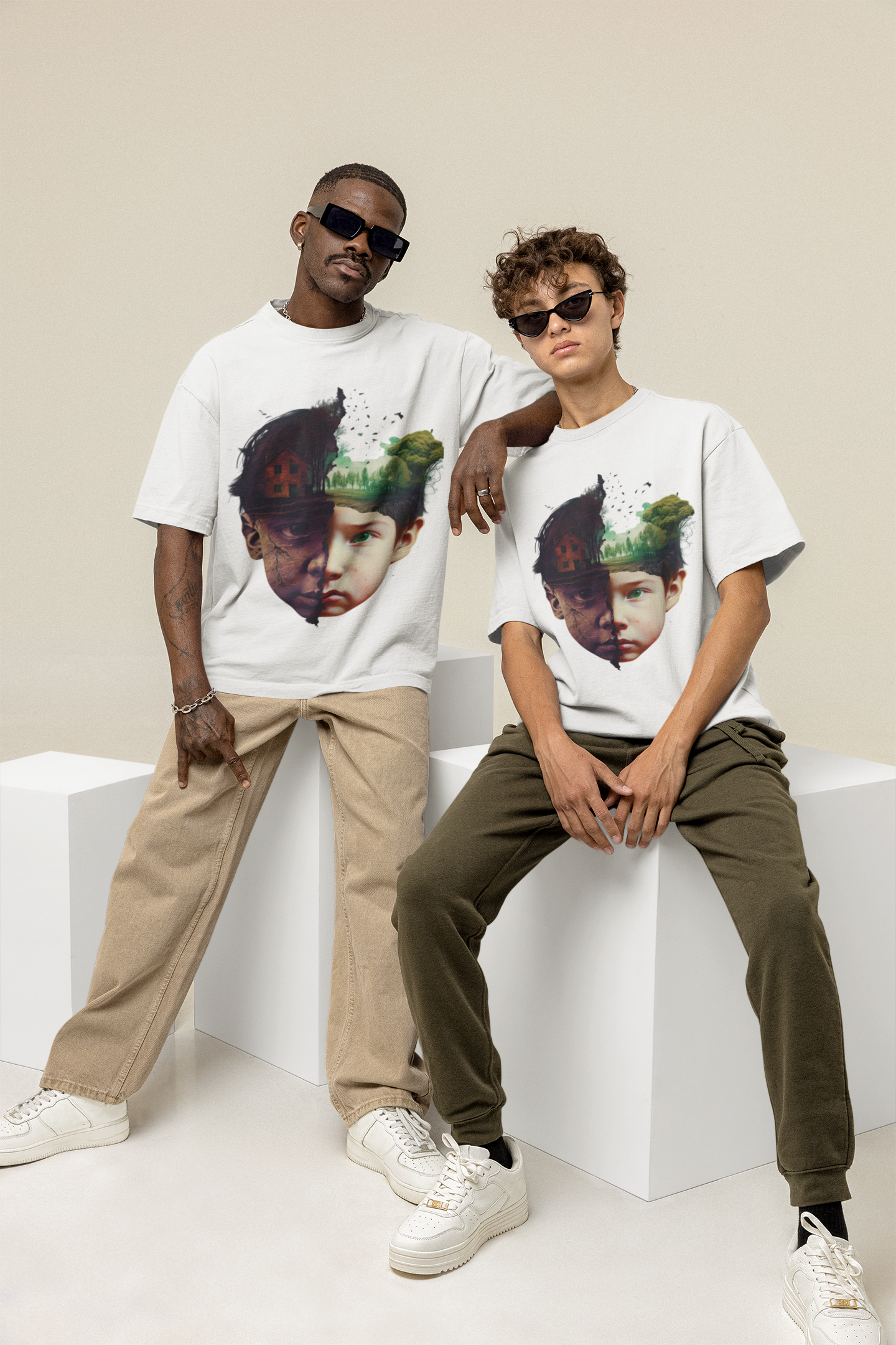 GOODLUCK Oversized Tee – Dual Child (White & Black Edition)