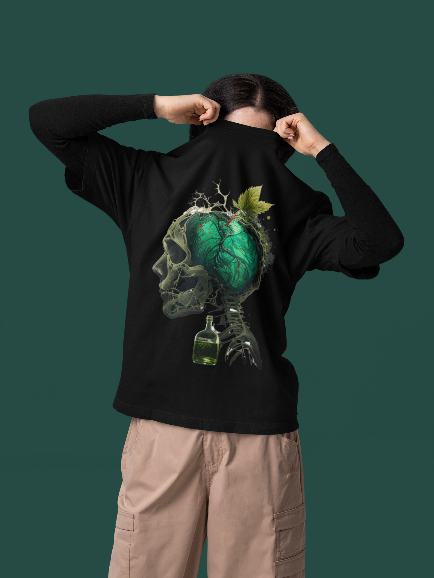 GOODLUCK Oversized Tee – Green Heart Skull (Black & White Editions)