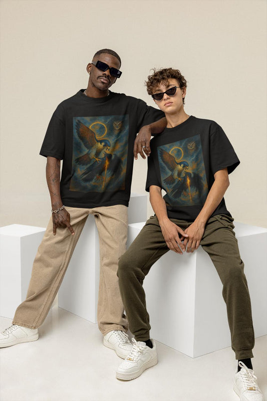 GOODLUCK Oversized Tee – Eagle & Owl: Fire of the Sky (Black & White Edition)