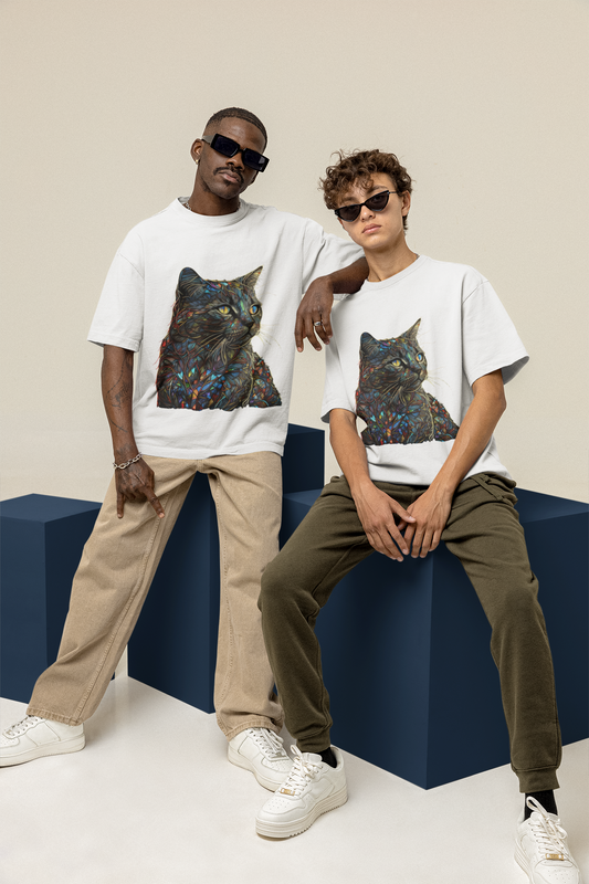 GOODLUCK Oversized Tee – Feline Mosaic (White  Edition)